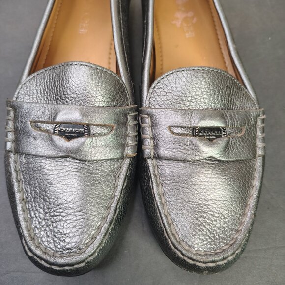 Coach Penny Loafers Womens Size 7.5 Pewter Metallic Pebbled Leather Moc - Picture 8 of 16